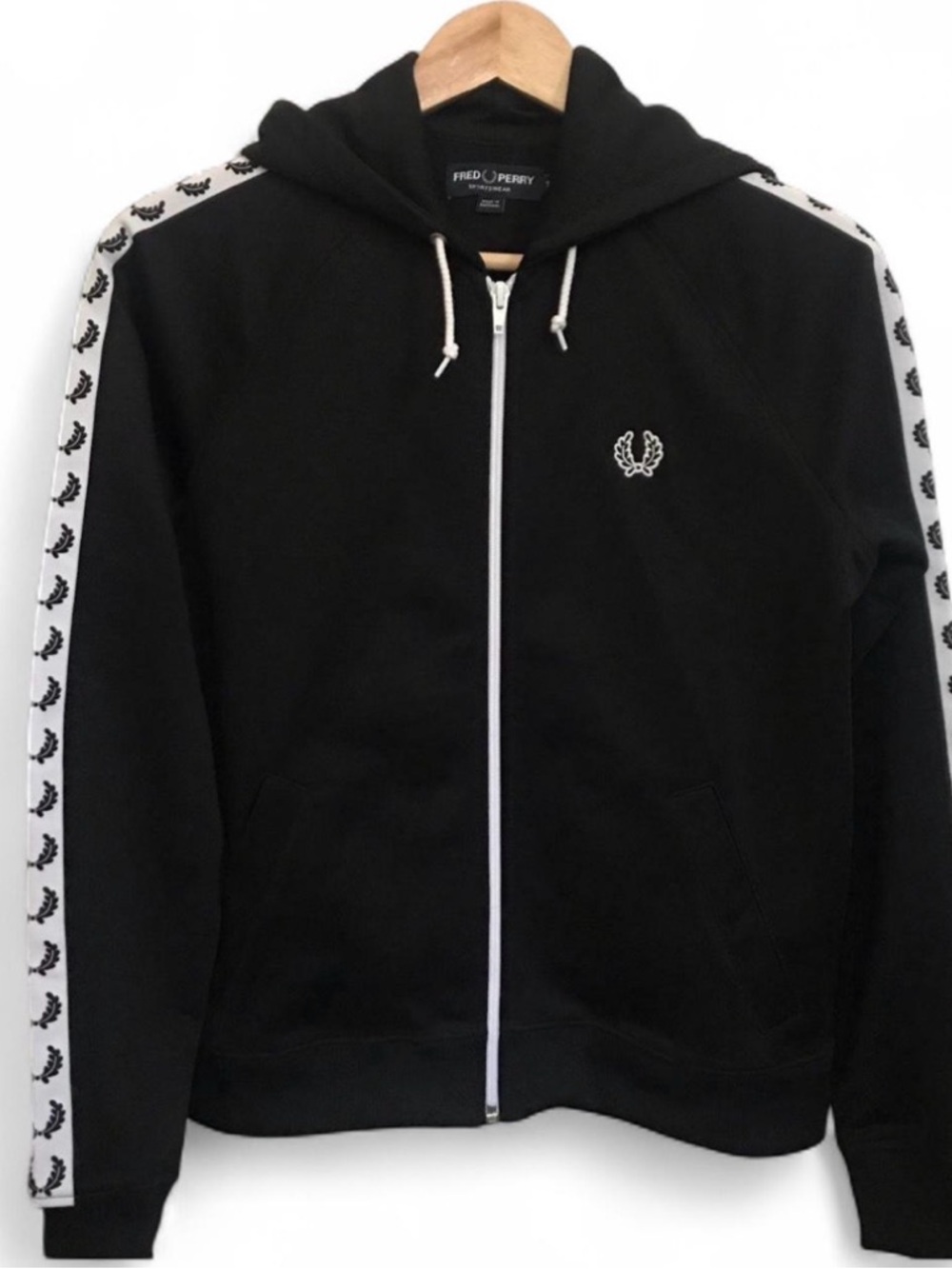 Fred Perry Black Hoodie with White Zip and Laurel